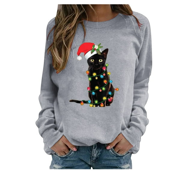 Womens Long Sleeve Christmas Hoodies Cat Print Hooded Sweatshirt Xmas Holiday Casual Fall Pullover Sweater Winter Clothes