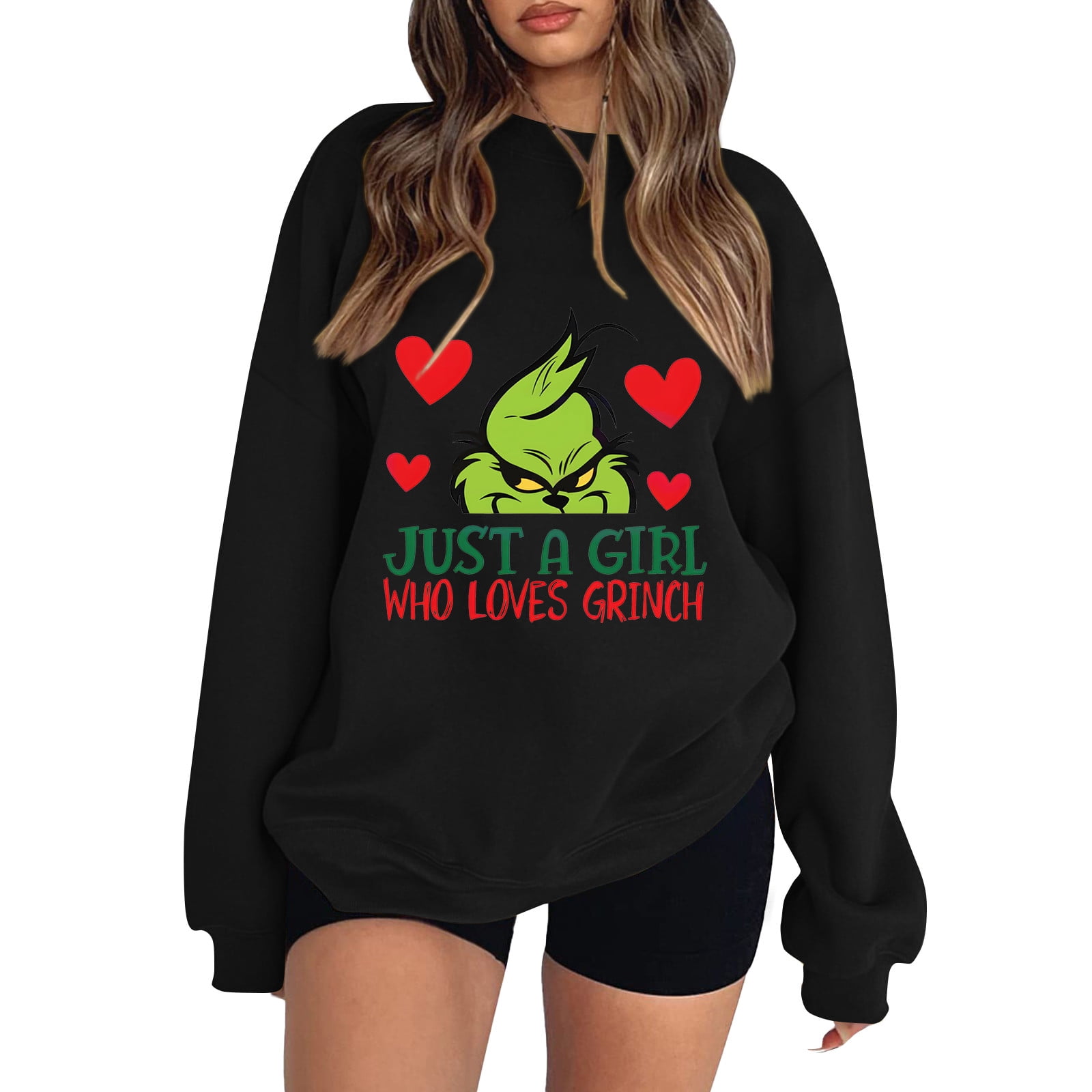 Womens Long Sleeve Christmas Shirt,Grin-ch Christmas Sweatshirts for Women,  Heavy Duty Grin-ch Print Long Sleeve Sweater Pullover Crew Neck Oversized  Xmas Sweatshirt，Black，XL - Walmart.com, image size:1600x1600