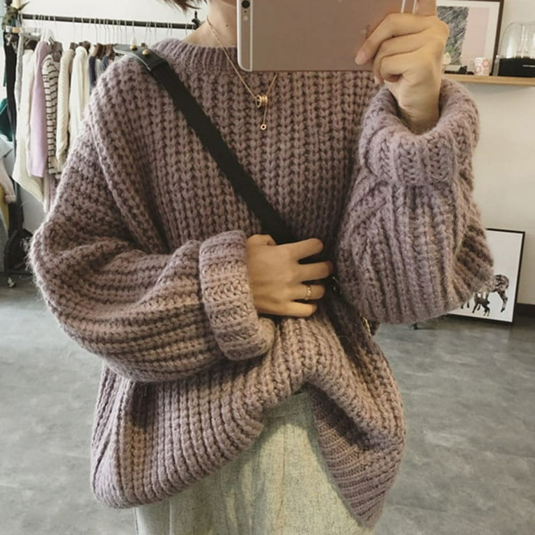 Womens Long Sleeve Chunky Knit Pullover Sweater Tops, Women's Winter  Oversized Loose Solid Color Sweater, Crewneck Sweaters, Women's Cable Knit  Pullover Jumper Tops, Light Purple 