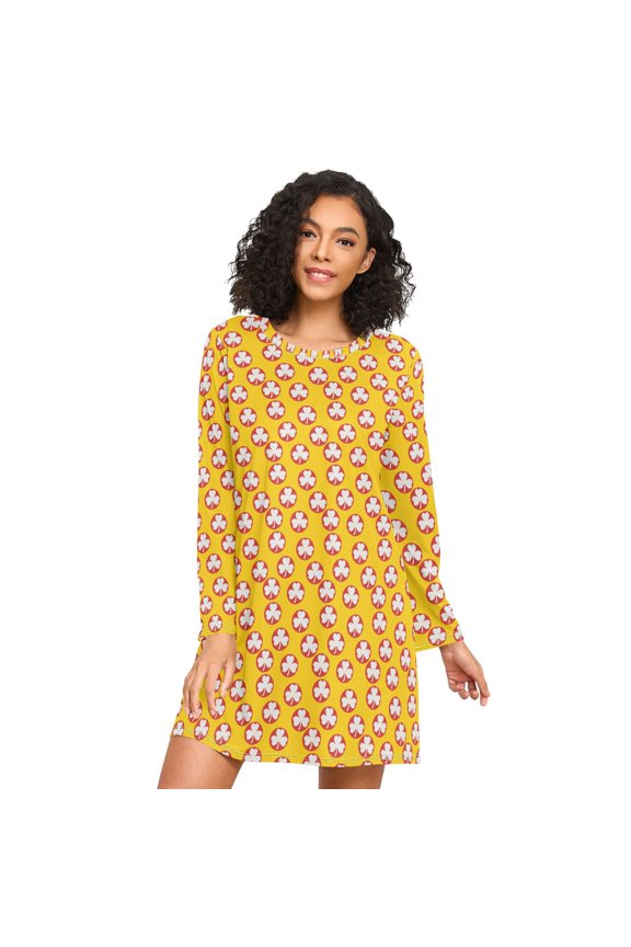 Womens Long Sleeve Clover in Red Circle Pattern Printed Nightgown Loose Round Neck A-Line Sleep Shirt Dress Casual Above Knee Loungewear