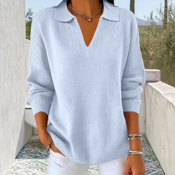 Womens Long Sleeve Collared Polo Sweater V Neck Knit Ribbed Business Casual Pullover Sweaters 2026 Fall Outfits L