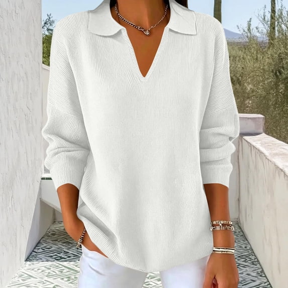 Womens Long Sleeve Collared Polo Sweater V Neck Knit Ribbed Business Casual Pullover Sweaters 2026 Fall Outfits S