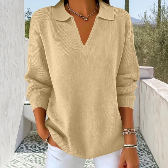 Womens Long Sleeve Collared Polo Sweater V Neck Knit Ribbed Business Casual Pullover Sweaters 2026 Fall Outfits S