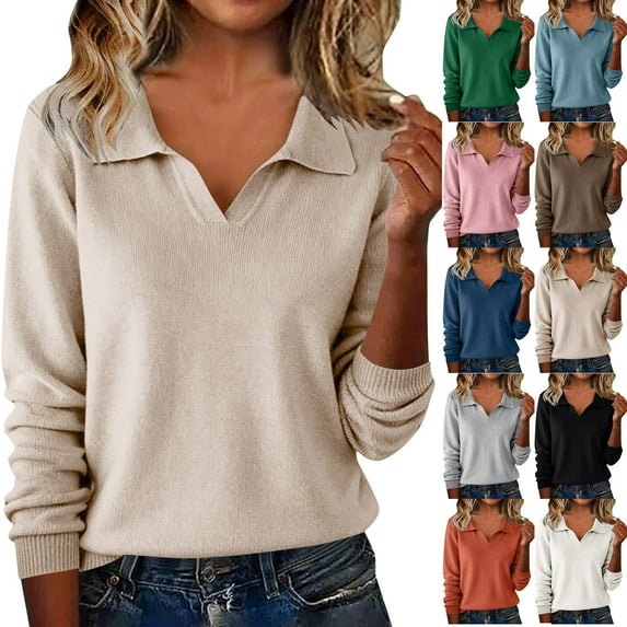 Womens Long Sleeve Collared V Neck Sweaters Fall Casual Classic Knit Pullover Sweater Soft Loose Jumper Tops