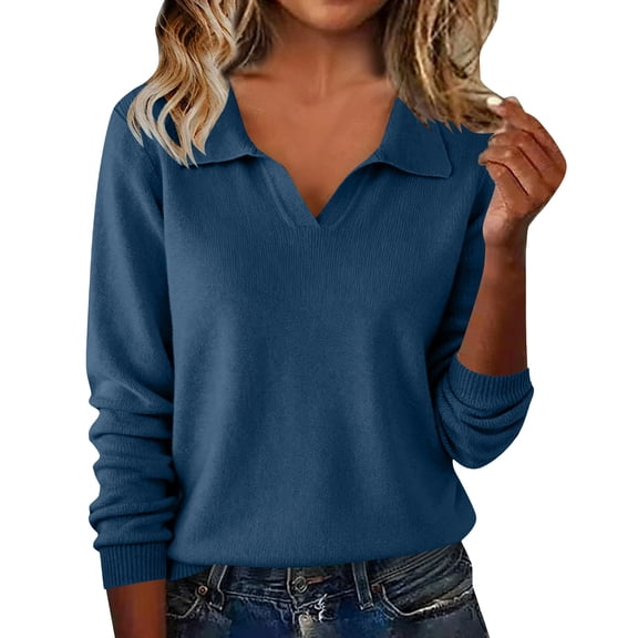 Womens Long Sleeve Collared V Neck Sweaters Fall Casual Classic Knit Pullover Sweater Soft Loose Jumper Tops