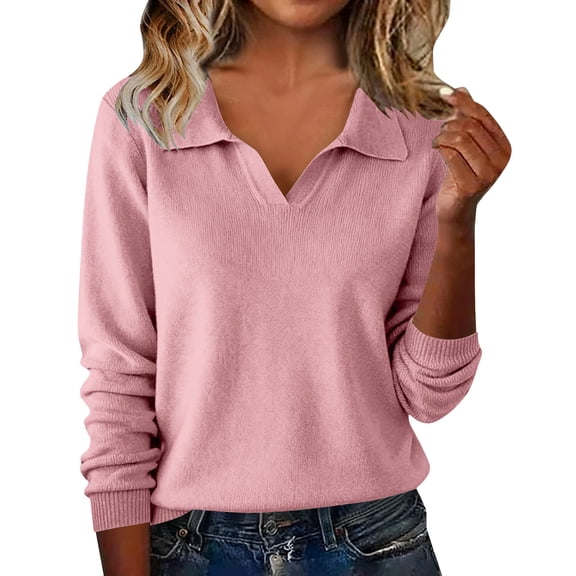 Womens Long Sleeve Collared V Neck Sweaters Fall Casual Classic Knit Pullover Sweater Soft Loose Jumper Tops