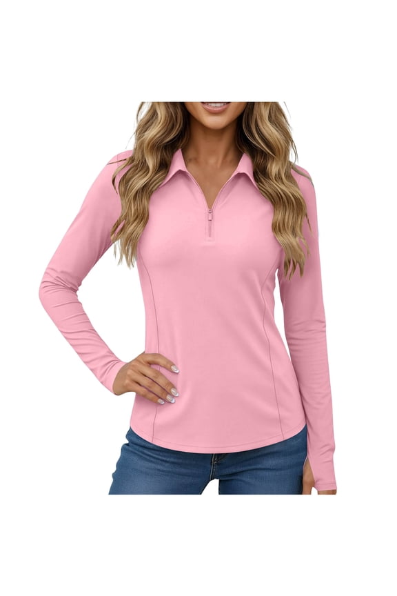 Womens Long Sleeve Collared Workout Shirts Slim Fit 1/4 Zip Athletic Tops with Thumb Holes Solid Activewear, Cooling Performance Quick Dry Clothing for Summer Sports