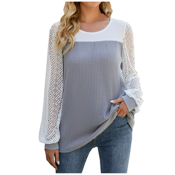 Womens Long Sleeve Contrasting Color Spliced Fashion Round Neck Long Sleeve Patchwork Casual T Shirt Blouse