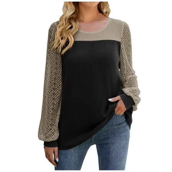 Womens Long Sleeve Contrasting Color Spliced Fashion Round Neck Long Sleeve Patchwork Casual T Shirt Blouse