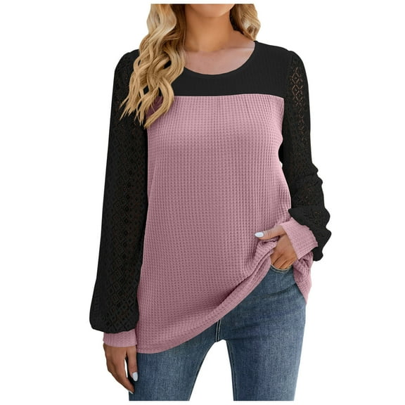 Womens Long Sleeve Contrasting Color Spliced Fashion Round Neck Long Sleeve Patchwork Casual T Shirt Blouse