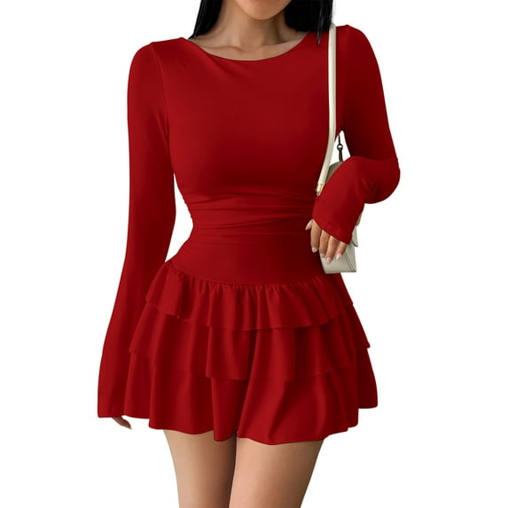 Womens Long Sleeve Corset Mini Dress Ruffle Hem Short Party Club Dresses Red S