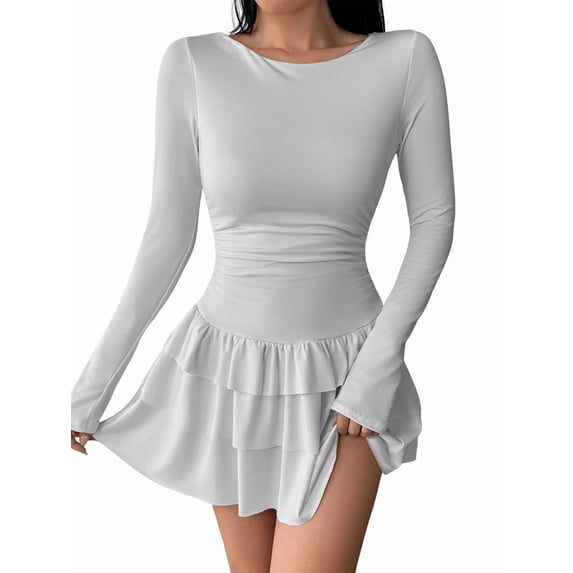 Womens Long Sleeve Corset Mini Dress Ruffle Hem Short Party Club Dresses White S