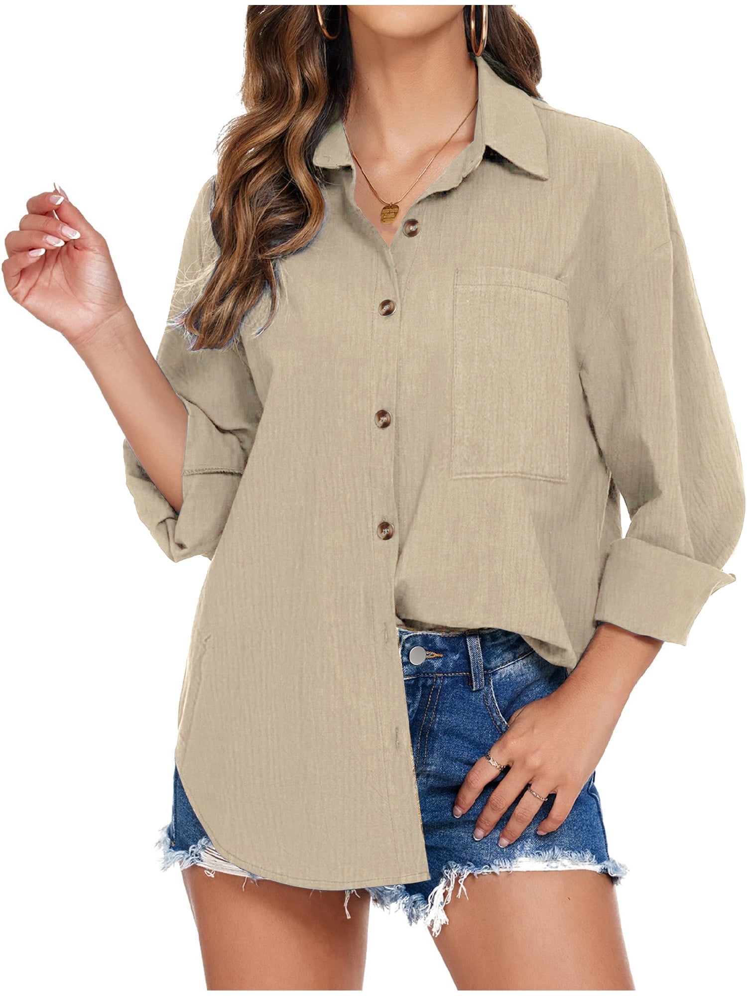 Womens Long Sleeve Cotton Button Shirts Casual Top Khaki - Walmart.com
