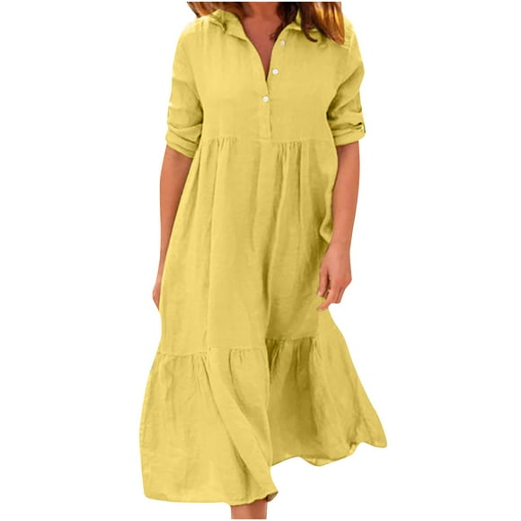 Womens Long Sleeve Cotton Linen Dress Button up V Neck Collared Plain Midi Dress Casual Pleated Loose Swing Dress