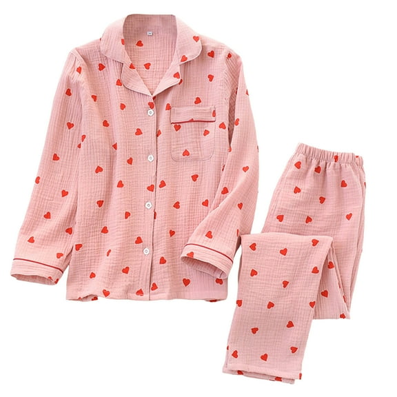 Womens Long Sleeve Cotton Shirt Spring Fall Loungewear Valentines Heart Print Pajama Set Button Down 2 Piece Pajama Set for Women Cozy Pajamas for Women Pink M