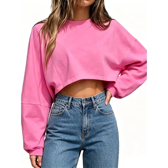 Women Long Sleeve Crew Neck Loose Fit Casual Cropped Sweatshirts Tops