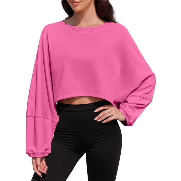 Women Long Sleeve Crew Neck Loose Fit Casual Cropped Sweatshirts Tops
