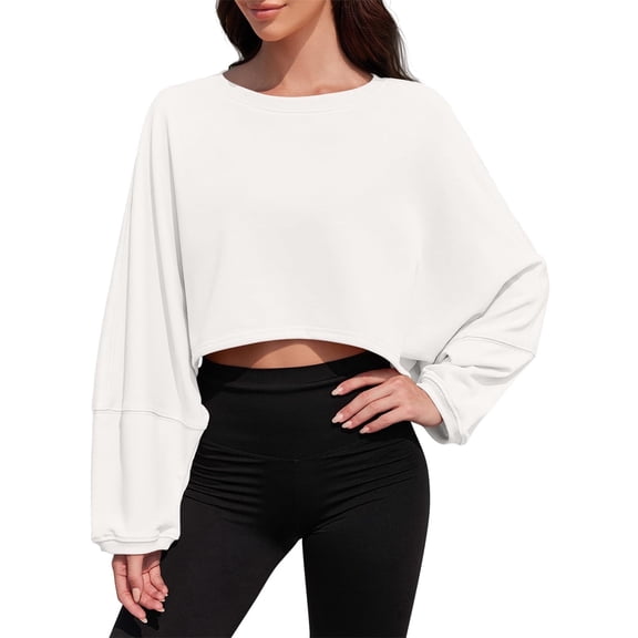 Women Long Sleeve Crew Neck Loose Fit Casual Cropped Sweatshirts Tops