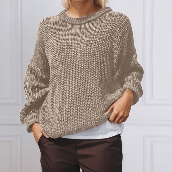 Womens Long Sleeve Crew Neck Pullover Sweaters Loose Fit Khaki Sweaters Soft Winter Womens Clothes