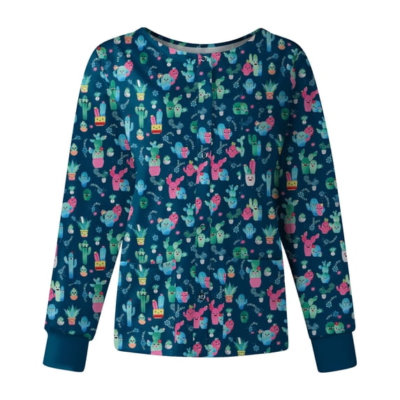 Womens Long Sleeve Crew Neck Scrub Jackets Colorful Floral Butterfly Print Button Front Stretch Medical Scrub Uniform Outerwear Blue 2XL