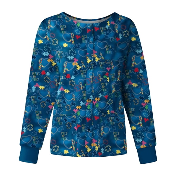 Womens Long Sleeve Crew Neck Scrub Jackets Colorful Floral Butterfly Print Button Front Stretch Medical Scrub Uniform Outerwear Blue XL