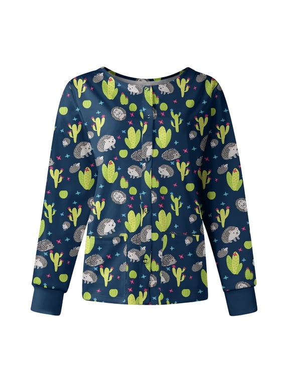 Womens Long Sleeve Crew Neck Scrub Jackets Colorful Floral Butterfly Print Button Front Stretch Medical Scrub Uniform Outerwear Green M