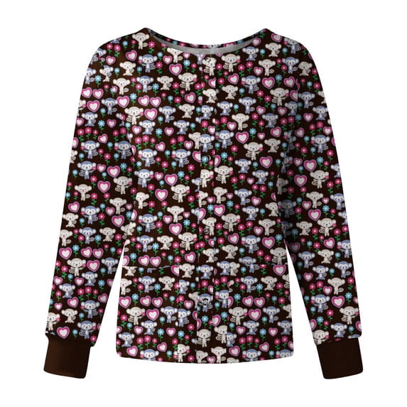 Womens Long Sleeve Crew Neck Scrub Jackets Colorful Floral Butterfly Print Button Front Stretch Medical Scrub Uniform Outerwear Pink 3XL