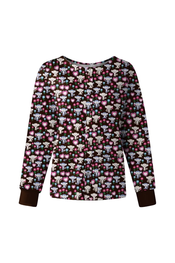 Womens Long Sleeve Crew Neck Scrub Jackets Colorful Floral Butterfly Print Button Front Stretch Medical Scrub Uniform Outerwear Pink M