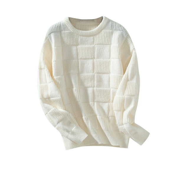 Womens Long Sleeve Crew Neck Sweater Plaid Oversized Pullover Knitted Sweatshirt Fall Casual Oversized Top (White S)