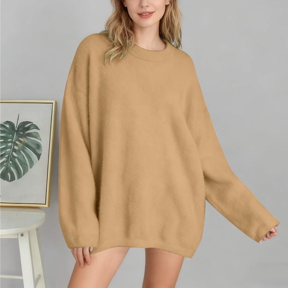 Womens Long Sleeve Crew Neck Sweaters Fall Classic Soft Loose Basic Pullover Top (Brown M)