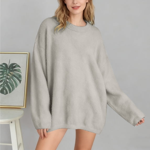 Womens Long Sleeve Crew Neck Sweaters Fall Classic Soft Loose Basic Pullover Top (Grey M)