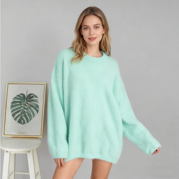 Womens Long Sleeve Crew Neck Sweaters Fall Classic Soft Loose Basic Pullover Top (Mint Green M)