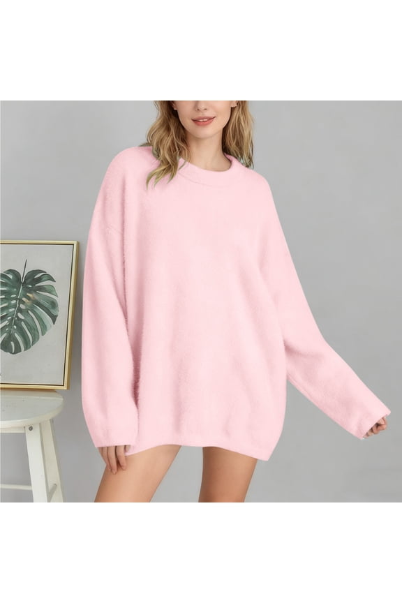 Womens Long Sleeve Crew Neck Sweaters Fall Classic Soft Loose Basic Pullover Top (Pink S)