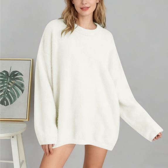 Womens Long Sleeve Crew Neck Sweaters Fall Classic Soft Loose Basic Pullover Top (White L)