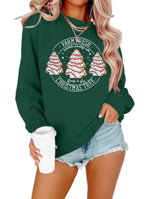 Womens Long Sleeve Crew Neck Sweatshirts Merry Christmas Tree Graphic Tee Tops
