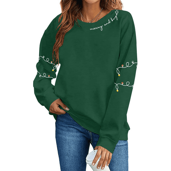 Womens Long Sleeve Crew Neck Sweatshirts Merry Christmas Tree Graphic Tee Tops