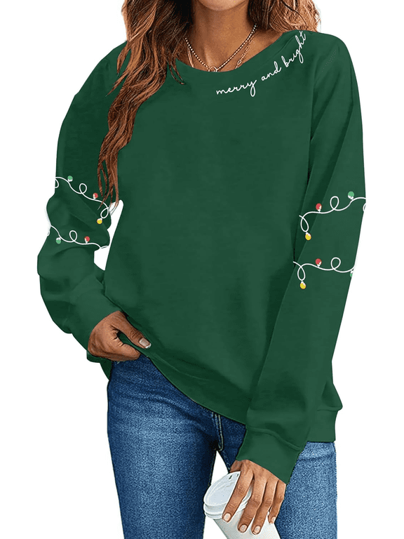Womens Long Sleeve Crew Neck Sweatshirts Merry Christmas Tree Graphic Tee Tops