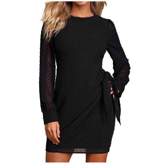 Womens Long Sleeve Crewneck Chiffon Dress Swiss Dots Solid Tie Waist Mini Dress Fashion Slim Fit Short Tunic Dress