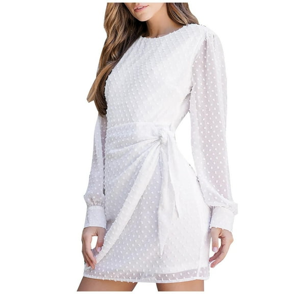 Womens Long Sleeve Crewneck Chiffon Dress Solid Tie Waist Mini Dress Fashion Slim Fit Short Tunic Dress