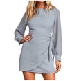 thumbnail image 1 of Womens Long Sleeve Crewneck Chiffon Dress Solid Tie Waist Mini Dress Fashion Slim Fit Short Tunic Dress, 1 of 7