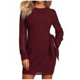 thumbnail image 1 of Womens Long Sleeve Crewneck Chiffon Dress Solid Tie Waist Mini Dress Fashion Slim Fit Short Tunic Dress, 1 of 7