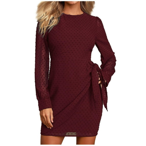 Womens Long Sleeve Crewneck Chiffon Dress Solid Tie Waist Mini Dress Fashion Slim Fit Short Tunic Dress