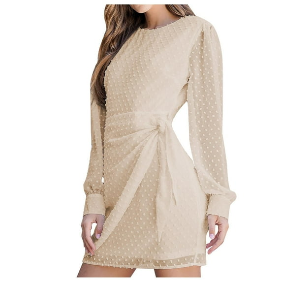 Womens Long Sleeve Crewneck Chiffon Dress Solid Tie Waist Mini Dress Fashion Slim Fit Short Tunic Dress