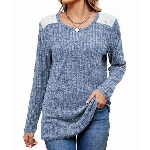 Womens Long Sleeve Crewneck Shirts Loose Fit Dressy Casual Tunic Tops Sweater Fall Winter Clothes Blue XL