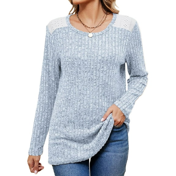 Womens Long Sleeve Crewneck Shirts Loose Fit Dressy Casual Tunic Tops Sweater Fall Winter Clothes Light Blue XL