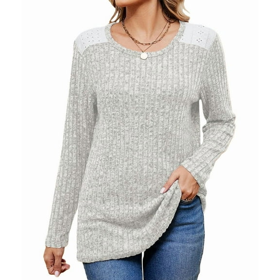Womens Long Sleeve Crewneck Shirts Loose Fit Dressy Casual Tunic Tops Sweater Fall Winter Clothes Light Gray XXL