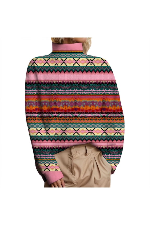 Womens Long Sleeve Crewneck Sweater Winter Pullover With Themed Pattern Collar Design Seasonal Fashion Clothes Pink M