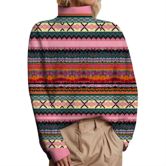 Womens Long Sleeve Crewneck Sweater Winter Pullover With Themed Pattern Collar Design Seasonal Fashion Clothes Pink XL