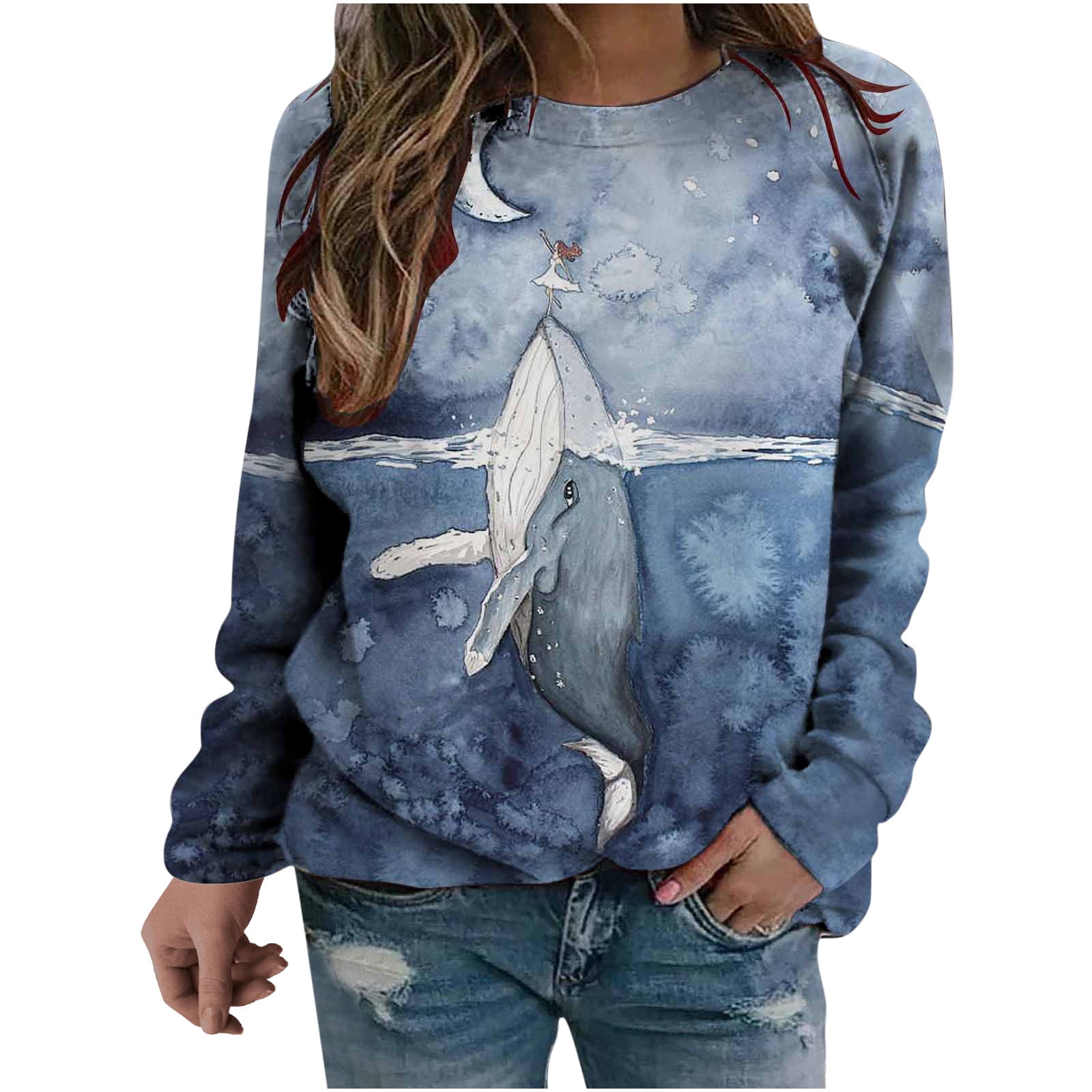 Womens Long Sleeve Crewneck Sweatshirt, Novelty Sea Whale Dolphin Print