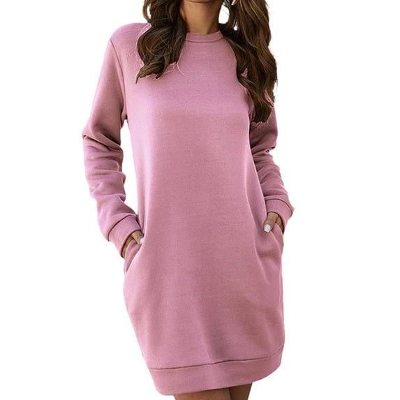Womens Long Sleeve Crewneck Sweatshirt Tunic Tops Casual Lightweight Sweatshirt Dress with Pockets